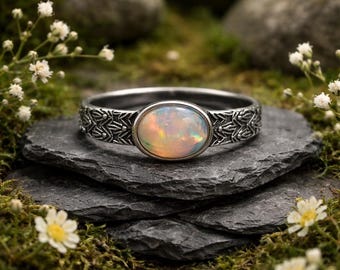 Anillo de ópalo arcoíris: anillo ajustable de plata 925 con piedras preciosas