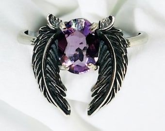 Angel Wings-ring met amethist edelsteen - 925 sterlingzilver - verstelbaar - geleverd met geschenkverpakking