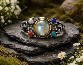 Labradorite Gemstone Ring: 925 Silver with Pearl, Lapis, Coral & Turquoise