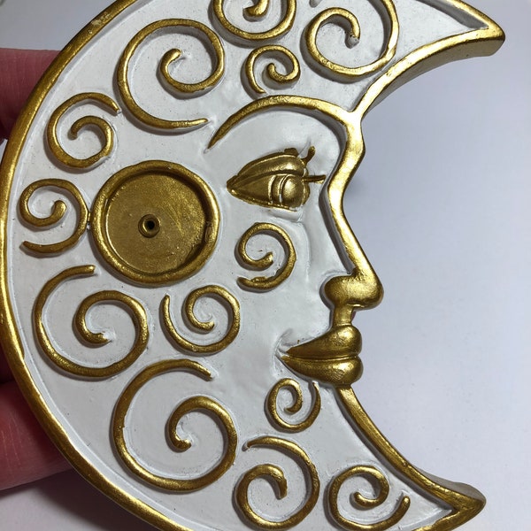 Gold & White Moon Crescent With Face Incense Holder Burner - For Cones or Sticks - Gold Moon Face Incense Burner - Incense Holder Gift