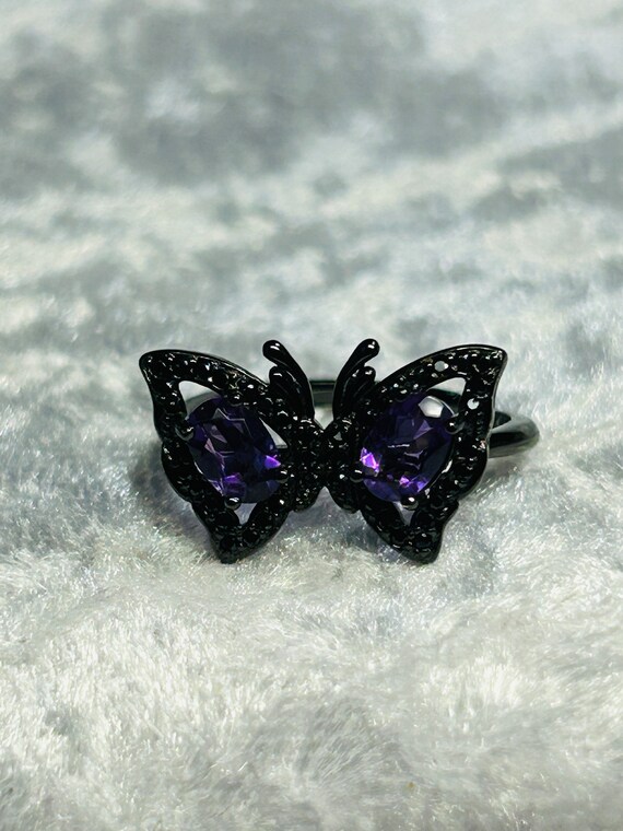 Butterfly Ring With Amethyst Gemstones Black Ruthenium Plated 925 Silver Ring Black Butterfly Ring With Amethyst With Gift Box