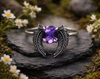 Angel Wings-ring met amethist edelsteen - 925 sterlingzilver - verstelbaar - geleverd met geschenkverpakking