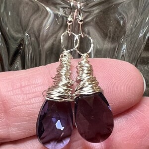 Sterling Silver Ear Wires with Silver Plated Messy Modern Wrap Design Purple Swarovski Crystal Drop Earrings