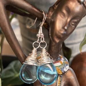 Sterling Silver Wire Wrapped Blue Briolette Czech Glass Earrings, Women&#39;s Blue Wire Wrapped Earrings