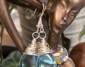 Sterling Silver Wire Wrapped Blue Briolette Czech Glass Earrings, Women's Blue Wire Wrapped Earrings