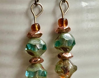 Boho Czech Glass, Copper, Beaded Drop Earrings, Niobium Ear Wires