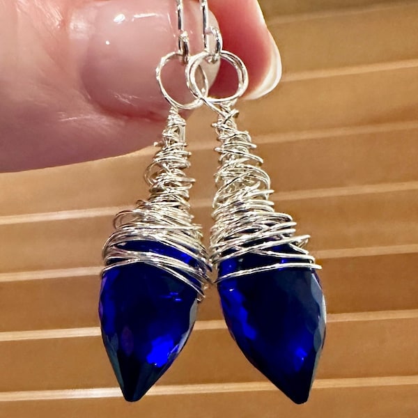 Kyanite Blue Quartz Faceted Gemstone, Modern Messy Wire Wrap Design Drop Earrings, Sterling Silver Ear Wires, Elegant and Casual, Simple