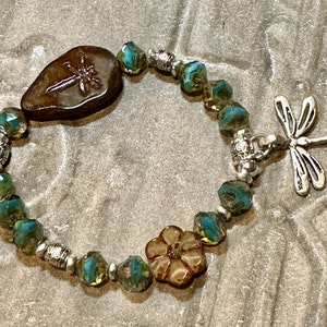 Boho, Fairycore, Brown Czech Glass Dragon Fly Focal, Blue Silk Picasso Beads, Plated Silver, Beaded Stretch Bracelet, Unique, One of a Kind