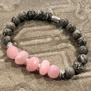 Boho, Gray Porcelain Jasper, Pink Jade, Silver Plated Beaded Stretch Bracelet