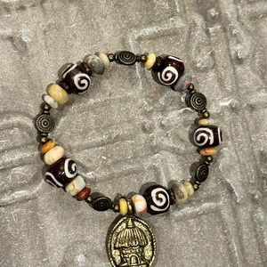 Brass and Agate, Hand Carved Handpainted African Ox Bone, Handmade Ghana Brass Charm Beaded Chunky Bracelet, Stretch, Unique, One of a Kind