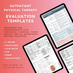 Op de afbeelding: Poliklinische fysiotherapie evaluatiesjablonen en klinische spiekbriefjes voor lichaamsregio's waaronder C-spine, schouder, onderrug, heup, knie en enkel/voet. De digitale documenten bevatten georganiseerde tabellen, klinische naslagwerken en anatomische diagrammen.