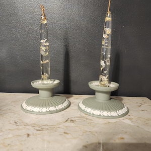 Vintage sage green, Jasperware Wedgewood, candle stick holders