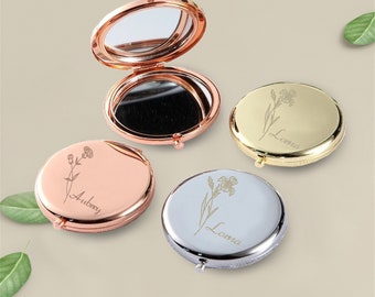 Miroir compact de fleur de naissance personnalisé, proposition de demoiselle d'honneur, miroir de poche gravé, cadeau pour elle, cadeau de belle-mère, cadeaux de mariage