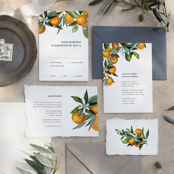 ARANCIA Citrus Wedding Invitation Suite, Elegant Modern Summer Invite - Instant Corjl Template Download, 100% Editable