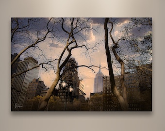 View of New York Skyline and Empire State Building from Bryant Park Wall Art Print, NYC Photography, Canvas or Paper in Glossy and Metallic