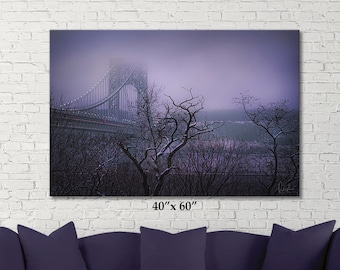 George Washington Bridge Snow Purple Fog Print, New York Photography, Hudson River Wall Art, Canvas Hanging, Metallic Paper