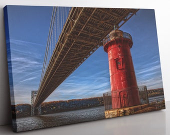 Red Lighthouse Print, GW Bridge Photo, New York City Wall Art, Canvas Wall Decor, Metallic Paper, Hudson River