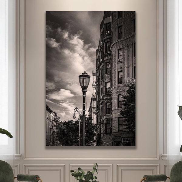 New York City Street with Vintage Lamps Photograph , NYC Monochrome Black and White Sepia Wall Art for Office or Apartment