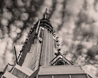 New York Photography Wall Art Print, Empire State Building Spire with clouds, Sepia Image, Canvas Photo, Metallic Paper