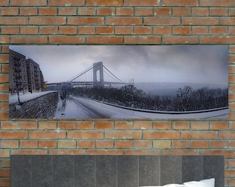 George Washington Bridge Snow Print, Panoramic Wall Art, New York Photography, Canvas Print, Panorama Photo Decor