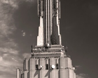 Empire State Building Observatory Closeup with Clouds in Sepia Wall Art Print, New York Photography in Glossy or Metallic Paper, Canvas