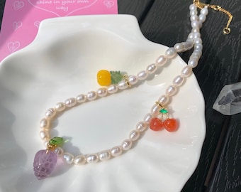 Echter Amethyst-Kristall aus Fruchttraube & Achat-Ananas-Kirsche Anhänger, natürliche Süßwasserperle Perlenkette, zierlicher Schmuck Geschenk