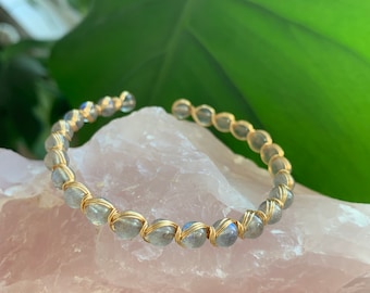 Moonstone Labradorite 25 Beads 14k Gold Filled Wire Wrapped Bracelet, Birthstone Adjustable Bangle Cuff. Healing Gemstone Crystal Gift