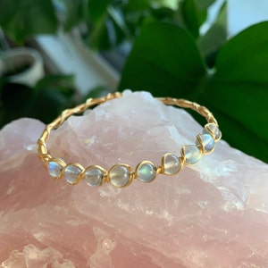 Moonstone Labradorite 14k Gold Filled Wire Wrapped Bracelet, Birthstone Adjustable Bangle Cuff. Healing Gemstone Crystal Bead, Gift for Her