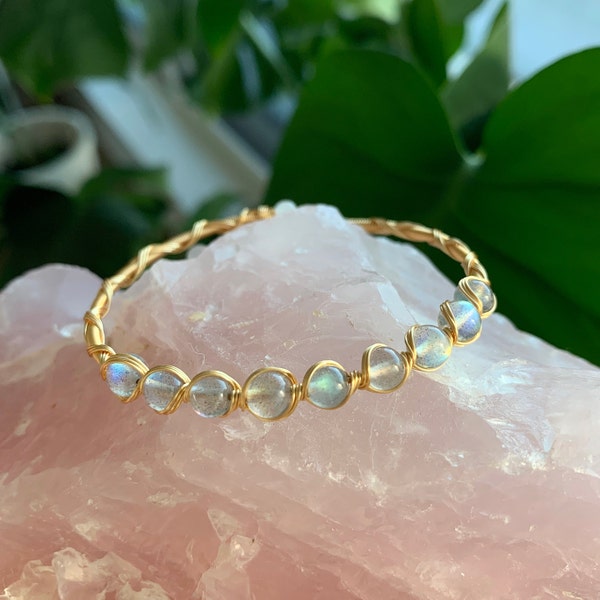 Moonstone Labradorite 14k Gold Filled Wire Wrapped Bracelet, Birthstone Adjustable Bangle Cuff. Healing Gemstone Crystal Bead, Gift for Her