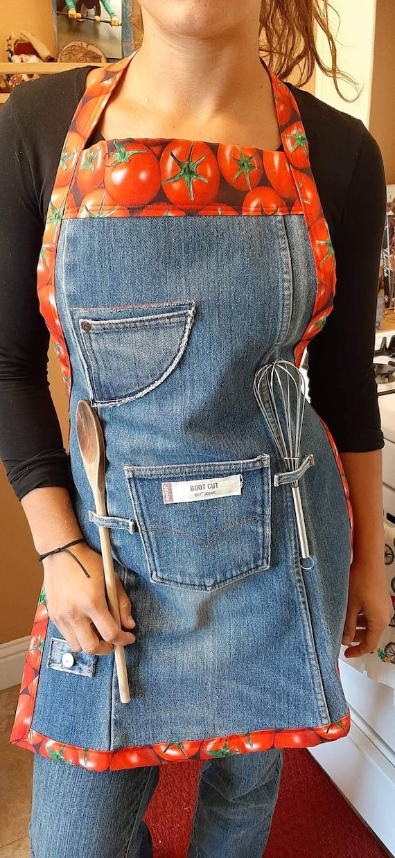 Denim Kitchen Apron With Tomato Fabric, Recycled Denim Apron