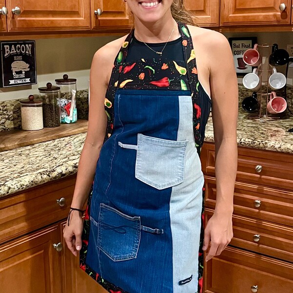 Best seller* Women's Denim Kitchen Apron with Pepper Fabric, recycled denim apron, eco, custom made, kitchenware, kitchen tools, jean apron