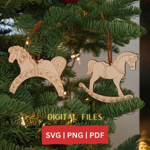 Pferd Weihnachtsverzierung SVG, Weihnachten Digitale Datei, Glowforge SVG-Datei, Skandinavische Weihnachten Laser-Datei, Feiertags-Schnittdatei, Schaukelpferd