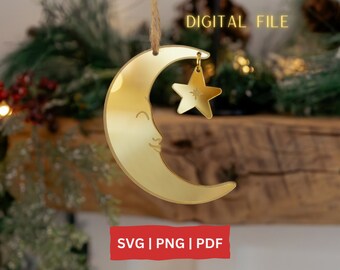 Moon and Star Ornament SVG, Christmas Digital File, Celestial Ornament SVG, Glowforge SVG File, Scandinavian Christmas Laser File, Cut File