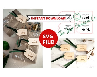 Könnte beinhalten: Satz von sechs Holz-Geschenk-Etiketten mit braunem Hintergrund und orangefarbenem Text. Die Etiketten sind in Form eines abgerundeten Rechtecks und haben die Worte "etwas zum Wollen", "etwas zum Tragen", "etwas zum Lesen", "etwas zum Brauchen", "etwas zum Wollen", "etwas zum Tragen", "etwas zum Lesen" und "etwas zum Brauchen".