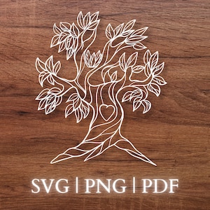 May include: A white outline of a tree with a heart in the center of the trunk. The tree has many branches and leaves. The background is a brown wood grain.
