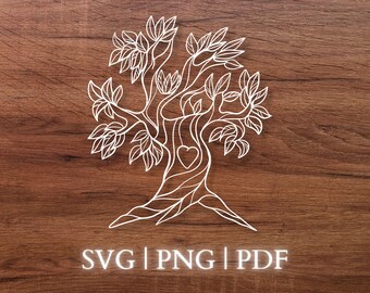 May include: A white outline of a tree with a heart in the center of the trunk. The tree has many branches and leaves. The background is a brown wood grain.