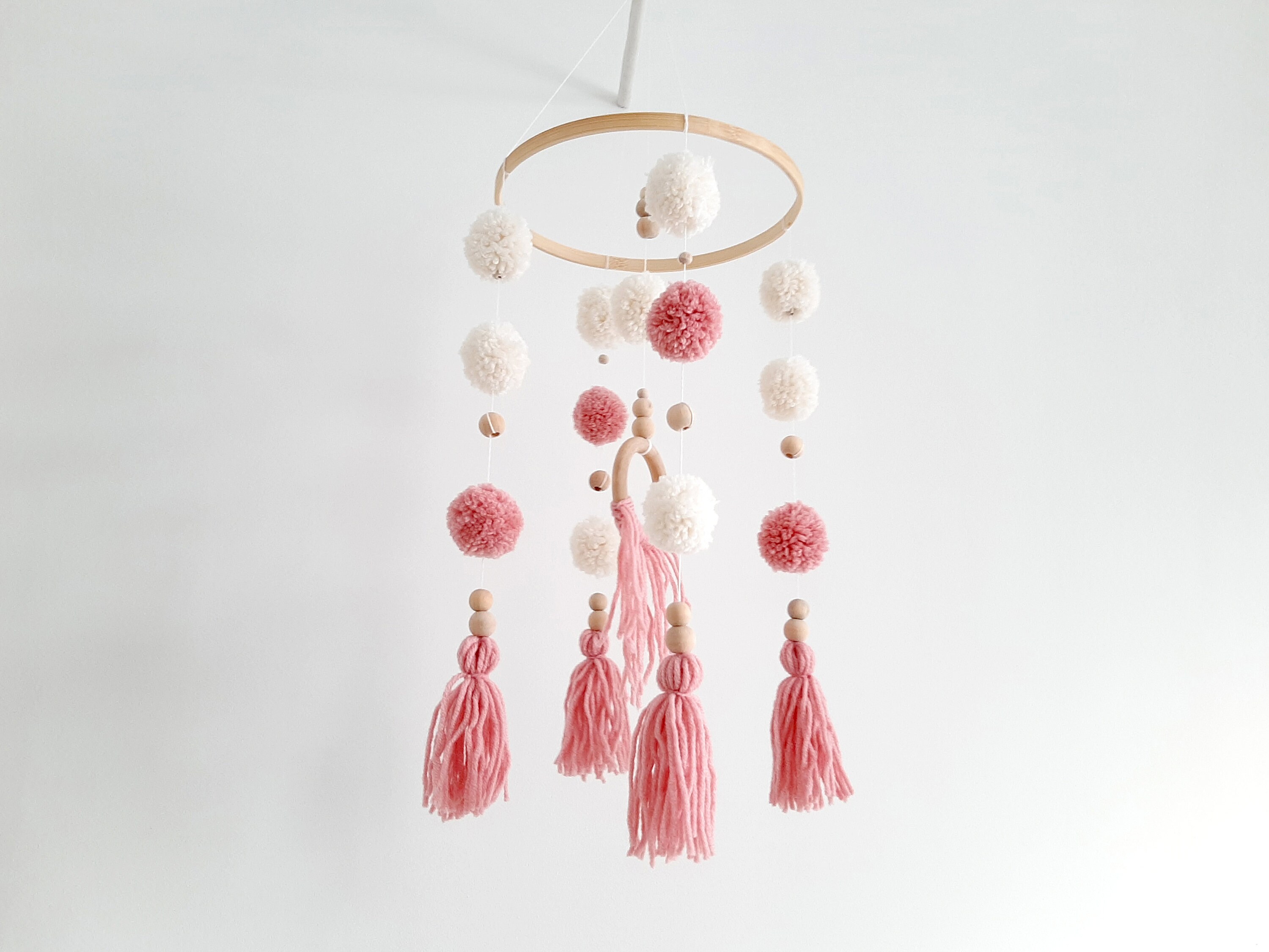Baby Girl Cot Mobile Pink Nursery Decor Pom Pom Baby Mobile Etsy