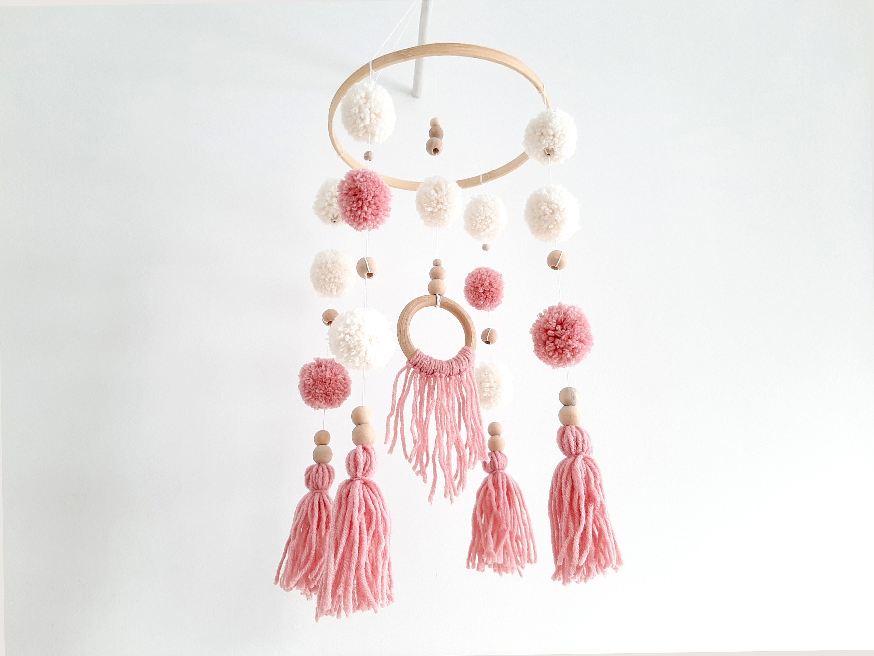 Baby Girl Cot Mobile Pink Nursery Decor Pom Pom Baby Mobile Etsy