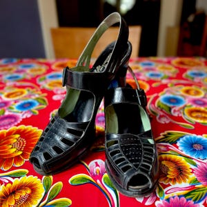 Black Leather 1940s Sling Back Platforms