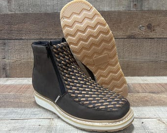 Mens Brown Leather Cowboy Ankle Boot, Square Toe, Western Handmade in Mexico 341-suela plana