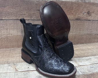 Women's Cowgirl Western Ankle Chelsea Rodeo Square Toe Hand tooled Embossed Black Boot Botin Vaquero Dama Cincelado Negro Est. ADA A&A