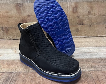 Handmade Black Leather Cowboy Ankle Boots: Square Toe, Blue Sole Est. 444