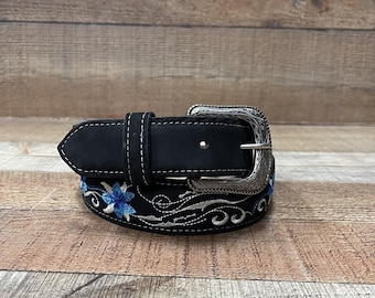 WOMENS BLACK EMBROIDERED Western Cowgirl Cowboy Leather Belt  display picture 1