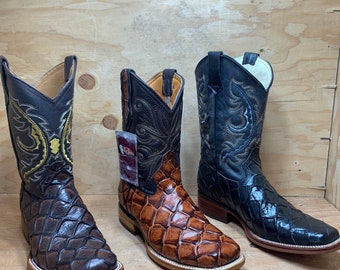 Men's Handmade Square Toe Cowboy Boots: Piraruco Fish Print