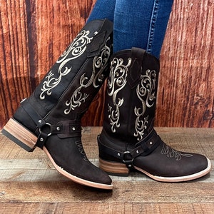 Womens Dark Brown Leather Cowgirl Boots, Embroidered Square Toe