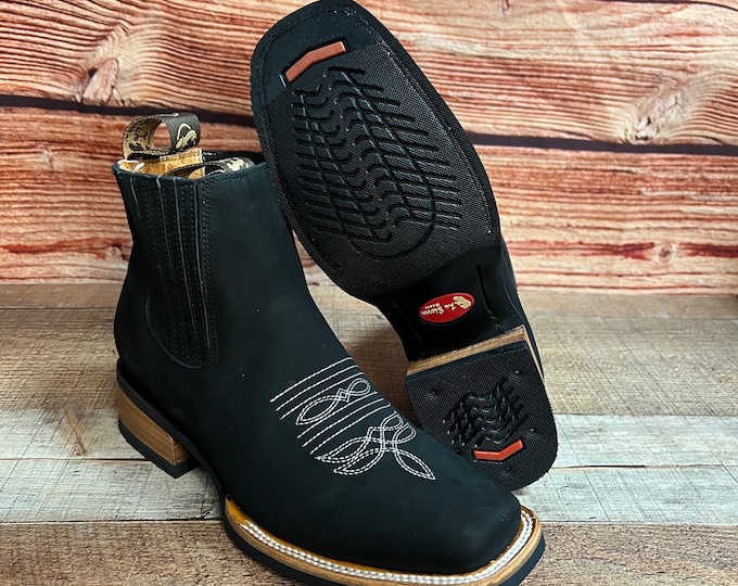 MENS Black Western Cowboy Chelsea LEATHER COWBOY Rodeo Square Toe Half ...