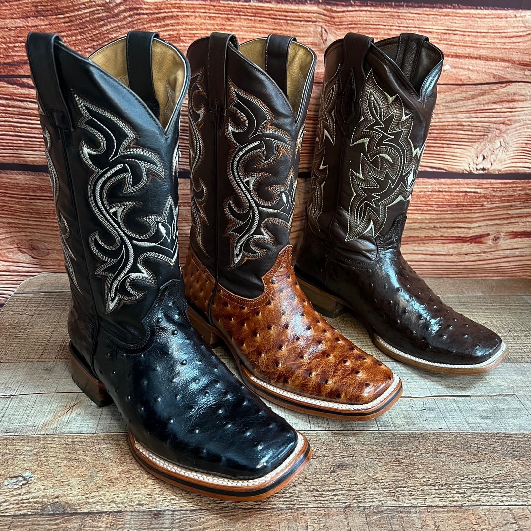 MEN western COWBOY Square Toe Boot Ostrich print Leather
