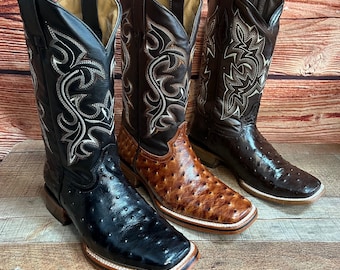MEN western COWBOY Square Toe Boot Ostrich print Leather