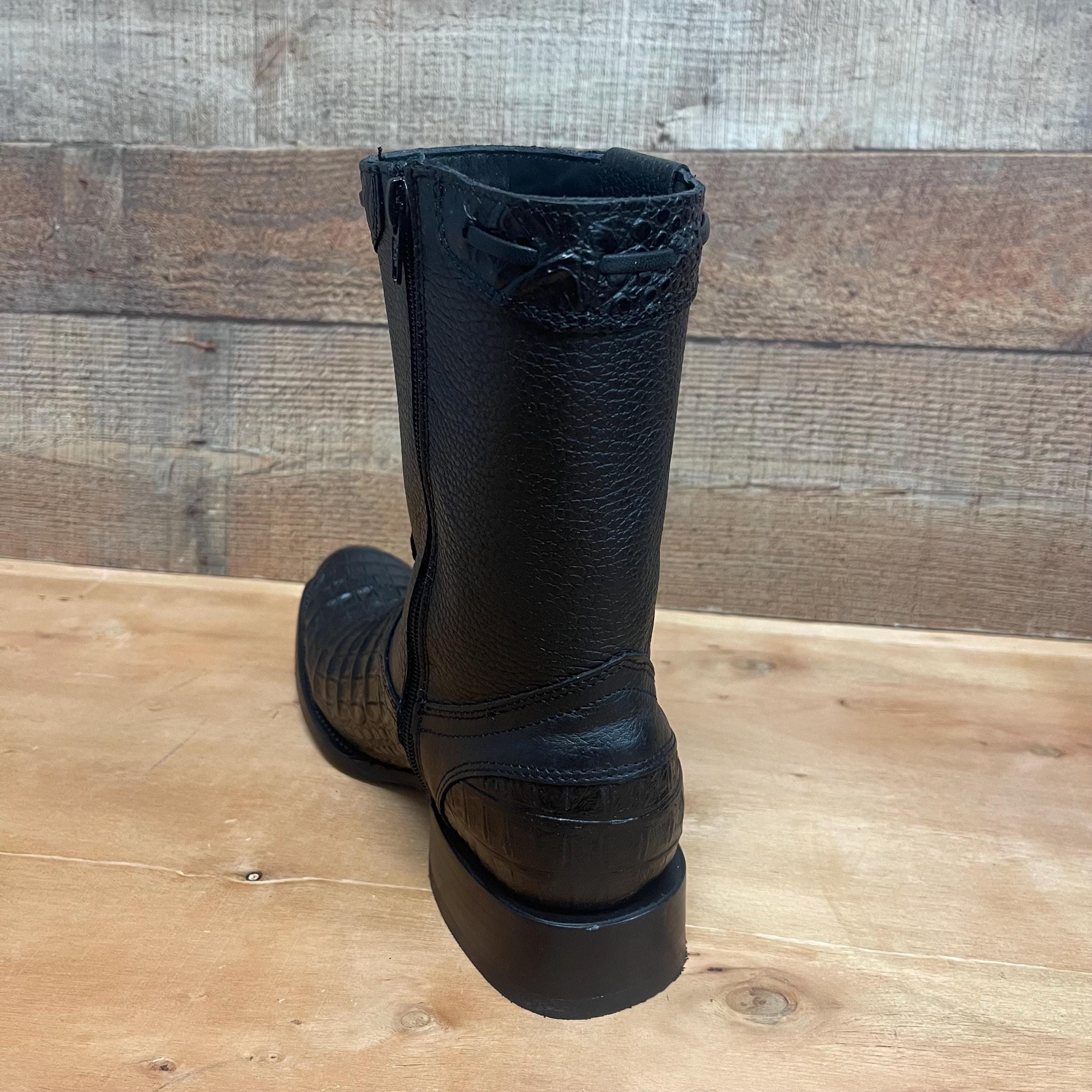 Men's Black Caiman Print Leather Cowboy Boots With Side Zip