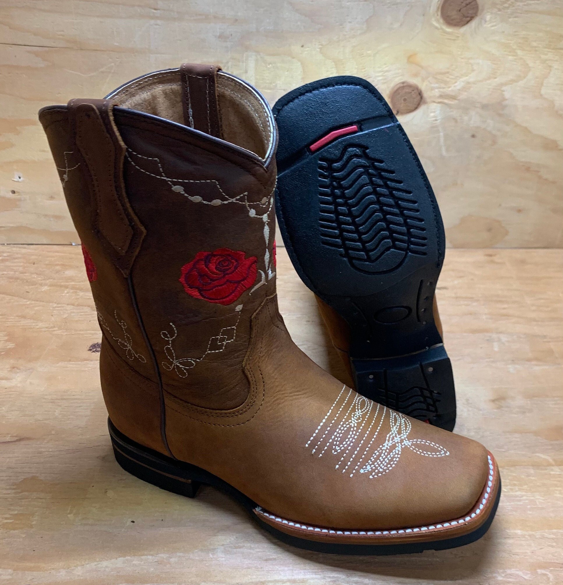 WOMENS COWGIRL Cowboy Square Toe Leather Rose Embroidered BOOTS E